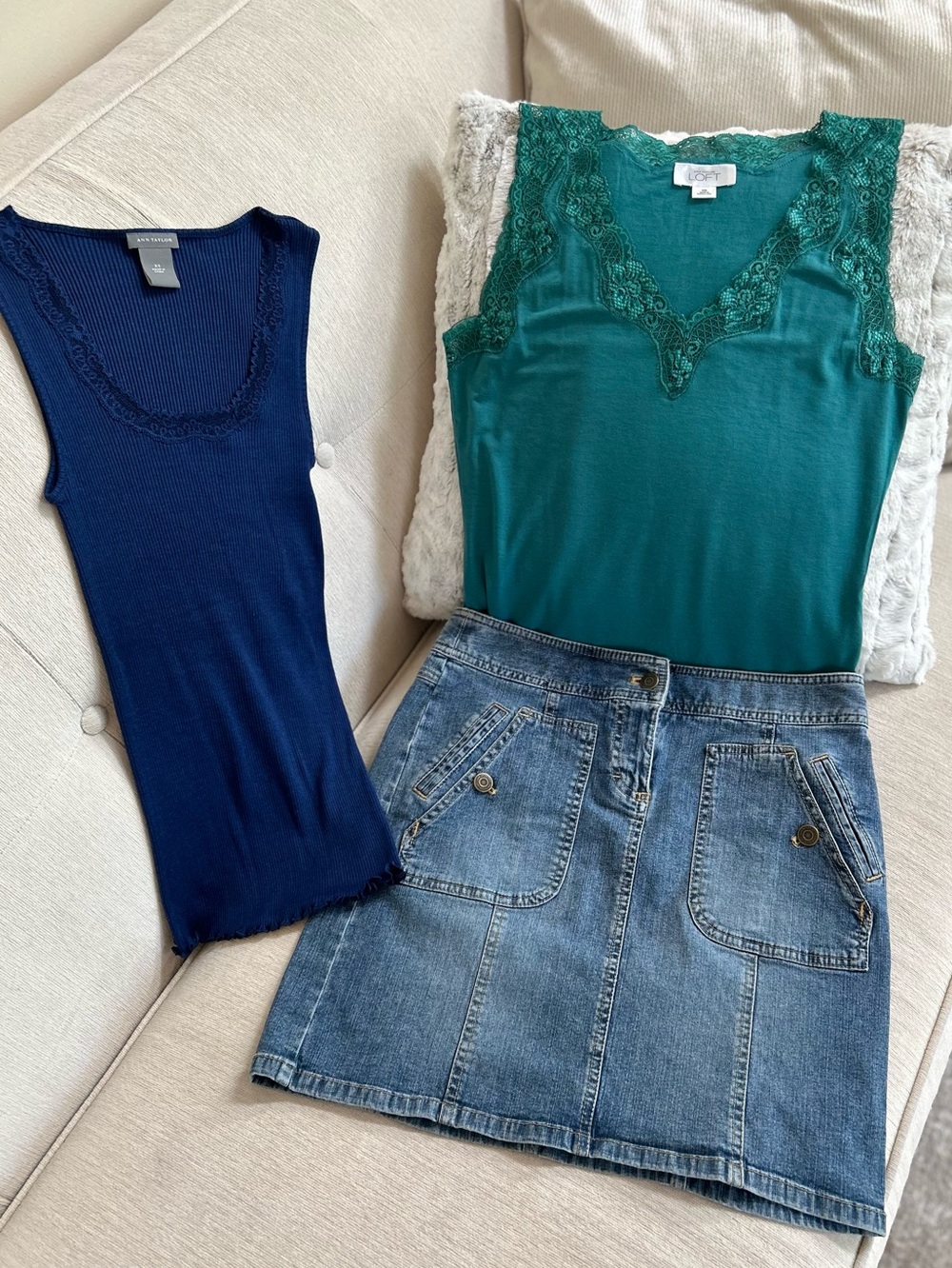 Ann Taylor Teal Lace-Trim Sleeveless Top & Dark Blue Tank, Denim Skirt